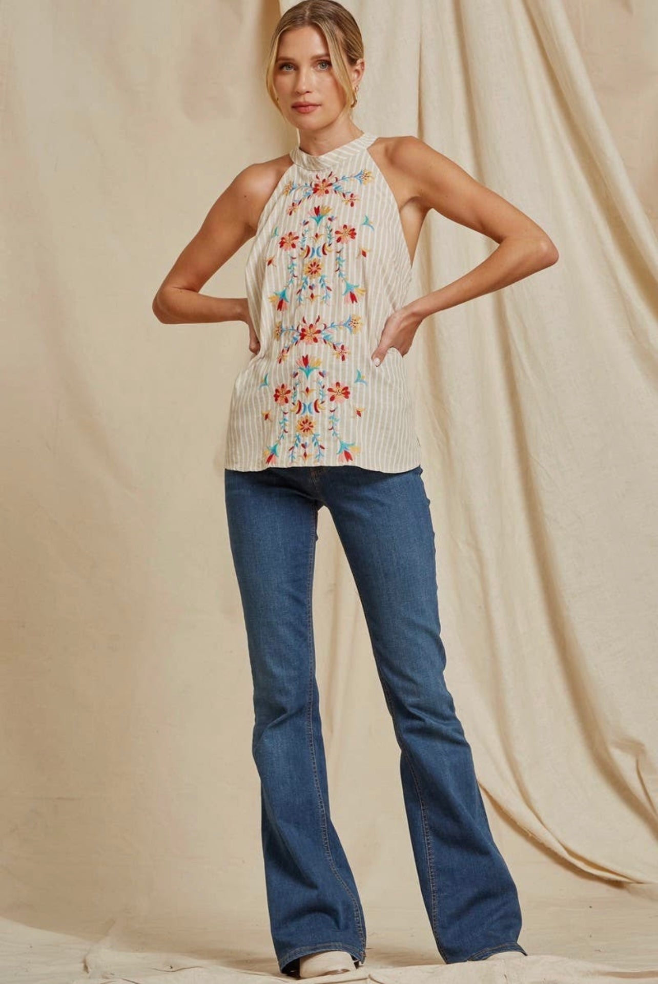 Embroidered Natural Floral/ Striped Top