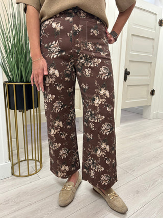 Brown Floral Stretch Pants