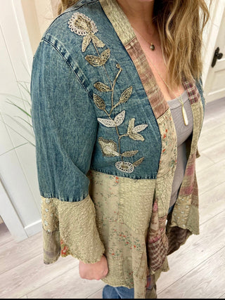 Embroidered Denim Patchwork Kimono