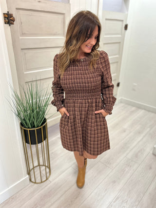 Brown Plaid Knee-Length Dress