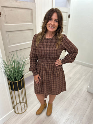 Brown Plaid Knee-Length Dress