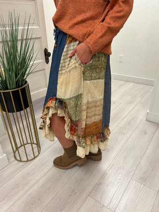 Denim Patchwork Midi Skirt