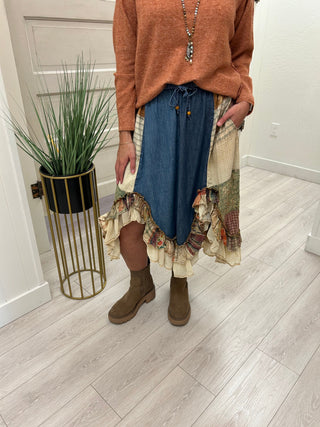 Denim Patchwork Midi Skirt