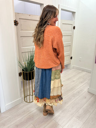 Denim Patchwork Midi Skirt