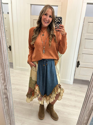 Denim Patchwork Midi Skirt
