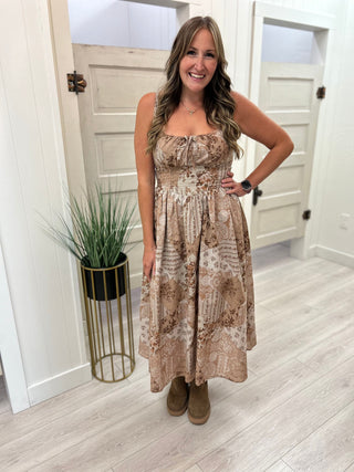 Taupe Patchwork Print Dress