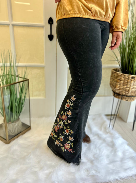 Embroidered Floral Flare Pants