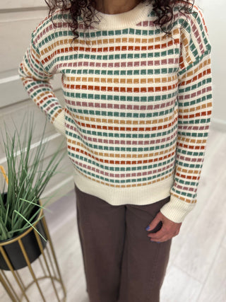 Ivory Multicolor Crew Neck Sweater