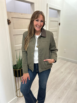 Olive Jacket with Brown Faux Leather Trim