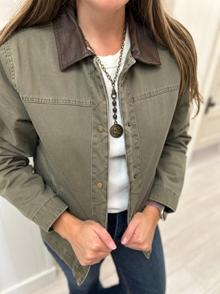 Olive Jacket with Brown Faux Leather Trim