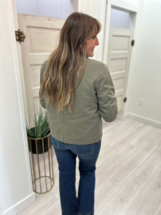 Olive Jacket with Brown Faux Leather Trim