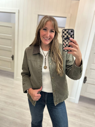 Olive Jacket with Brown Faux Leather Trim