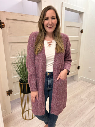 Purple Open Front Cardigan with Pockets - Long Length