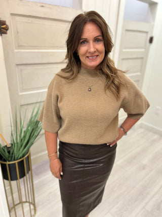 Brown Faux Leather Midi Skirt