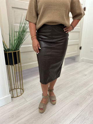 Brown Faux Leather Midi Skirt
