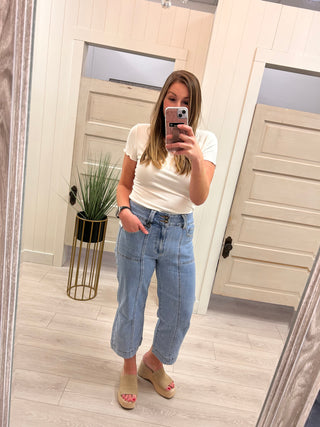 Mica Super High Rise Wide Leg Crop Jeans - Front Seam Detail