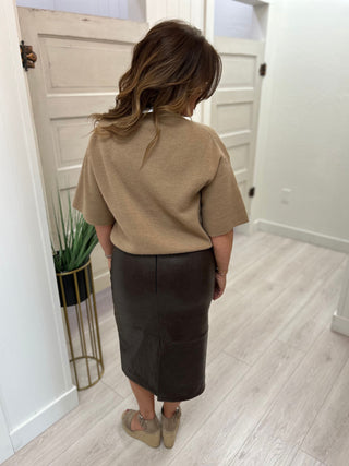 Brown Faux Leather Midi Skirt