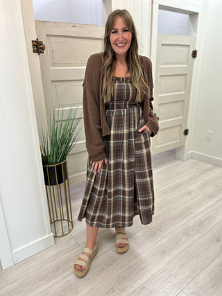 Brown Plaid Ruched Bodice Dress
