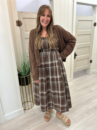 Brown Plaid Ruched Bodice Dress