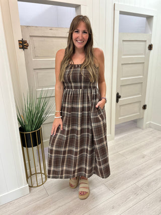 Brown Plaid Ruched Bodice Dress
