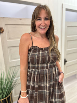 Brown Plaid Ruched Bodice Dress
