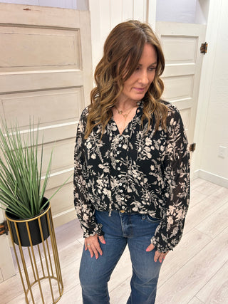 Floral Print Blouse with Ruffle Tie Neck - Black and White