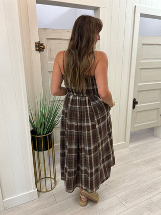 Brown Plaid Ruched Bodice Dress