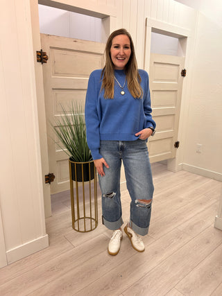 Pacific Blue Crew Neck Sweater with Drop Shoulder