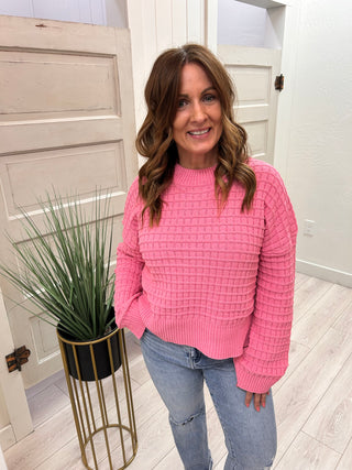 Pink Crew Neck Sweater with Check Pattern Detail