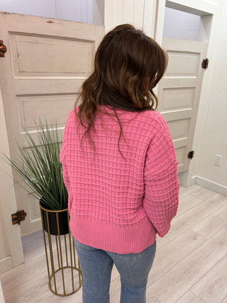 Pink Crew Neck Sweater with Check Pattern Detail