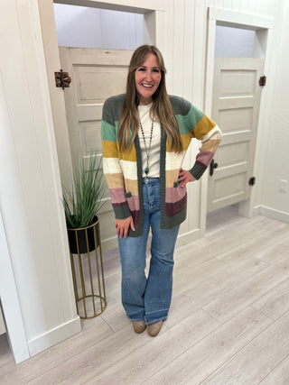 Multicolor Striped Open-Front Cardigan