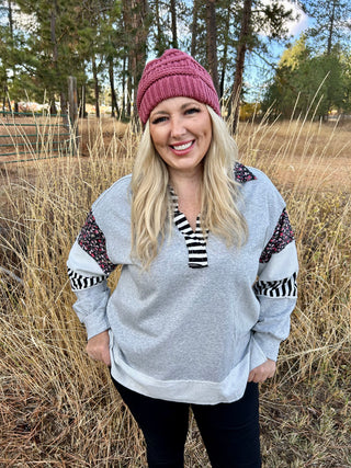 Grey Mixed Print Pullover Top