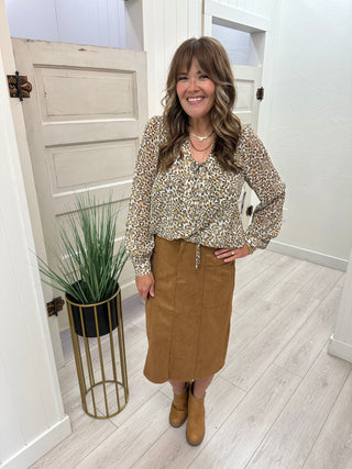 Camel Faux Suede Midi Skirt