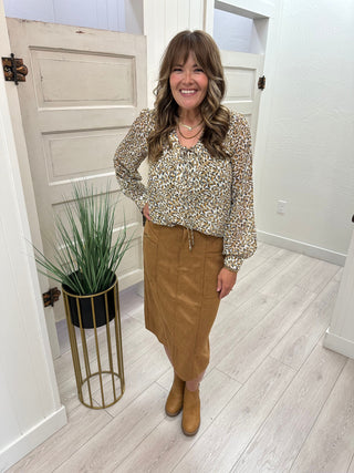 Camel Faux Suede Midi Skirt