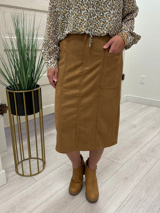 Camel Faux Suede Midi Skirt