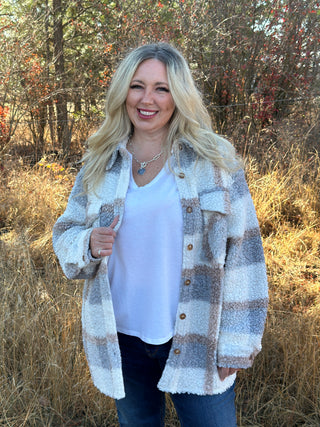 Curvy Ivory/Grey Plaid Shacket