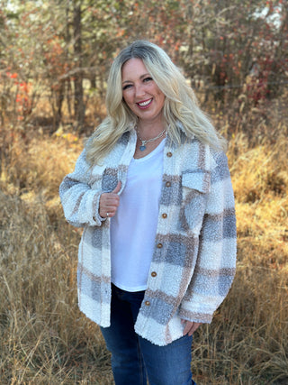 Curvy Ivory/Grey Plaid Shacket