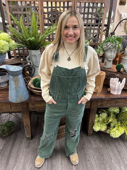 Olive Distressed Distressed Corduroy Overalls